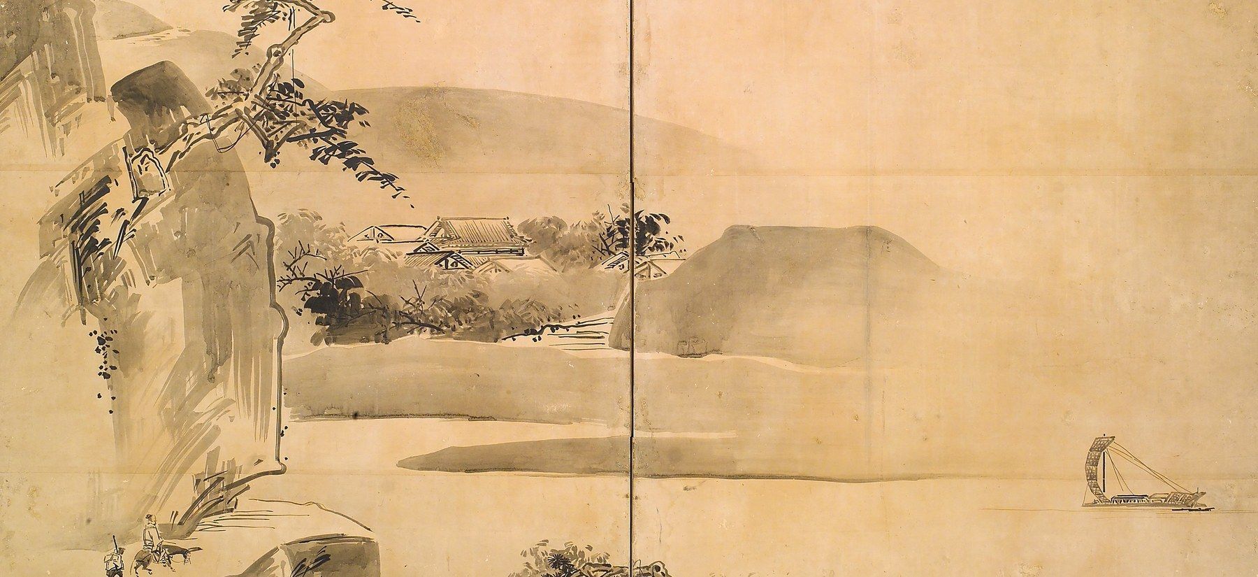 Ink landscape with a sail on open water